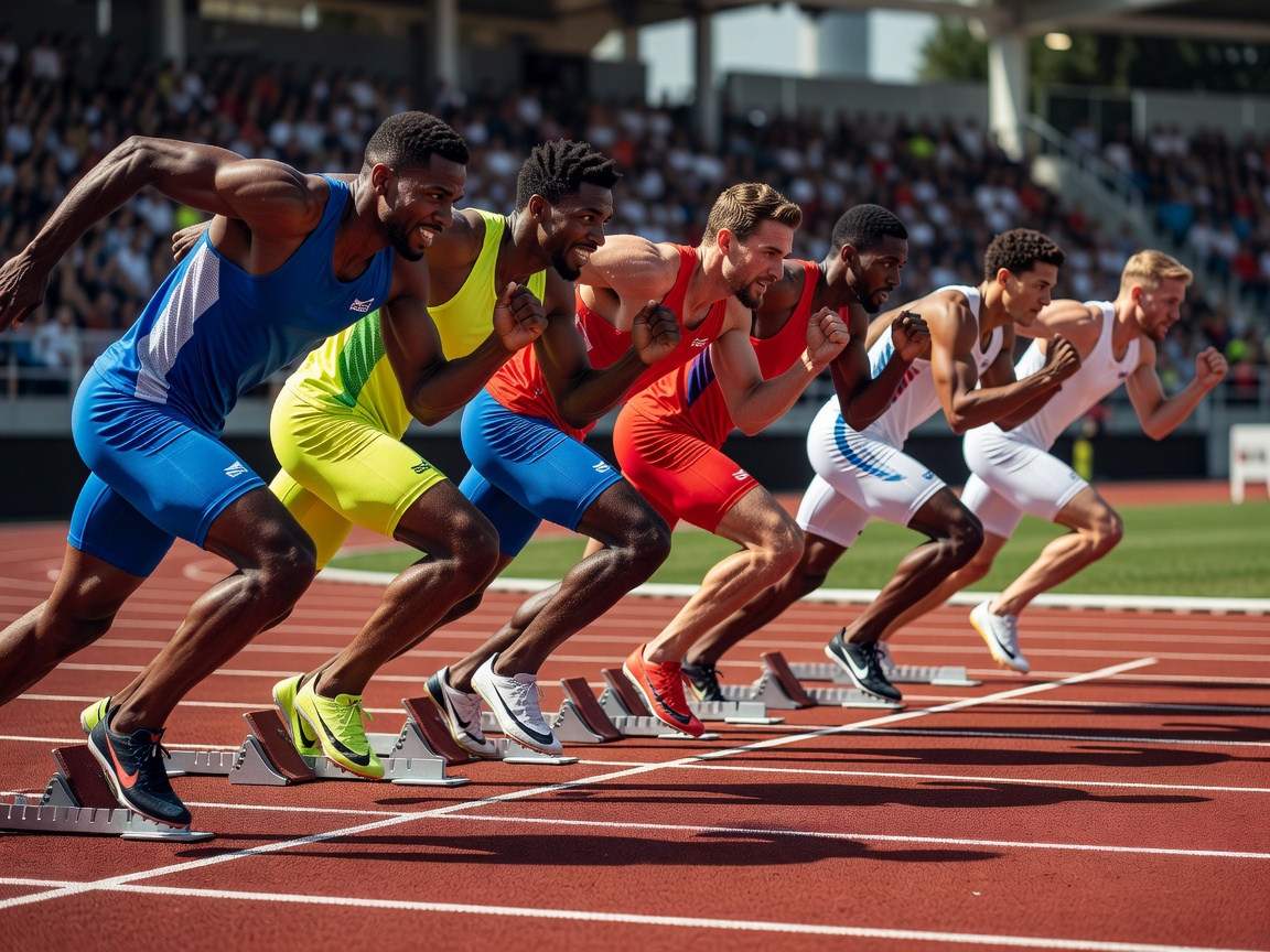 Athletic sprinters on competition starting track
