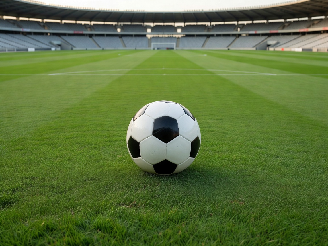 Football soccer ball resting on stadium grass