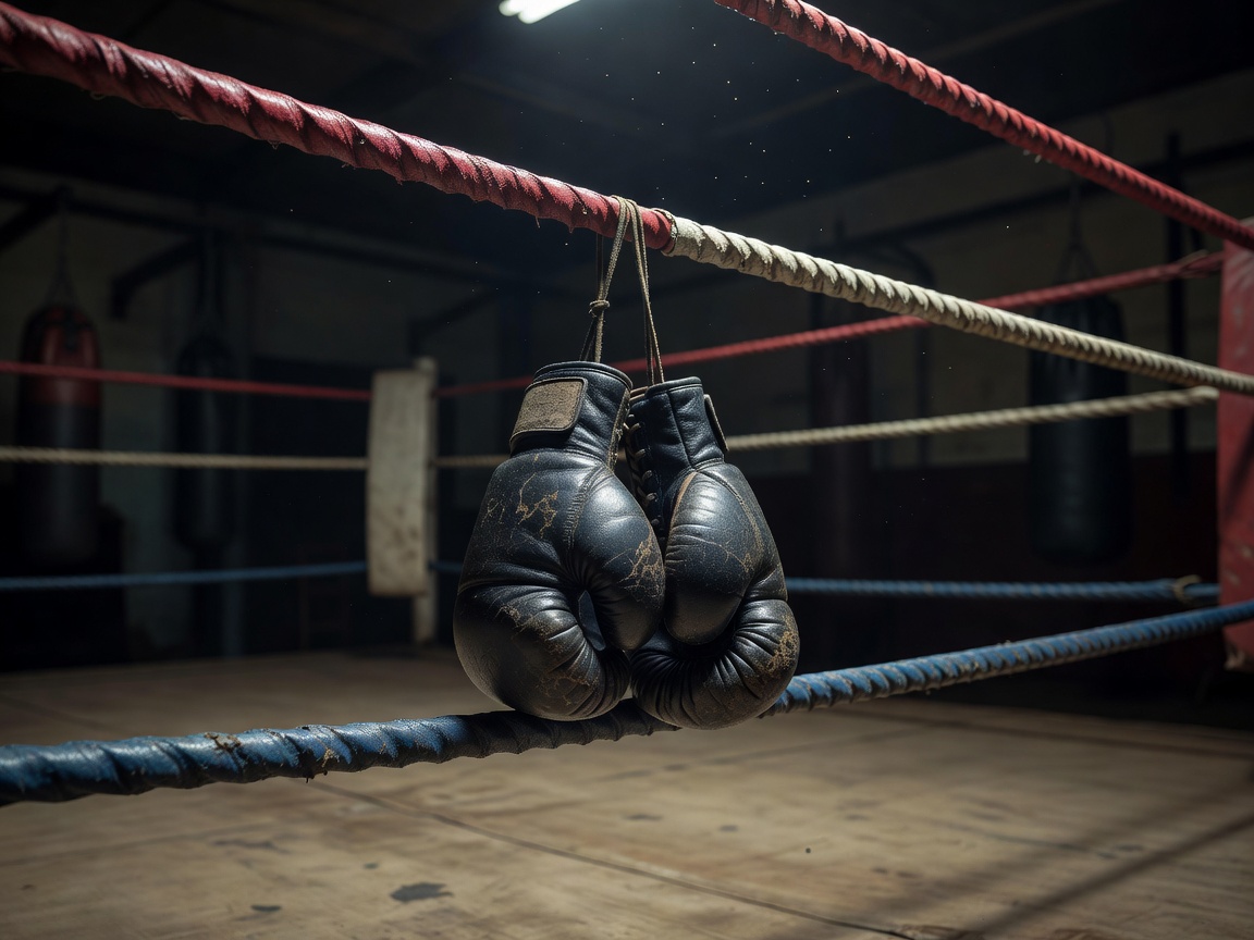 Leather boxing gloves hanging on ring corner ropes